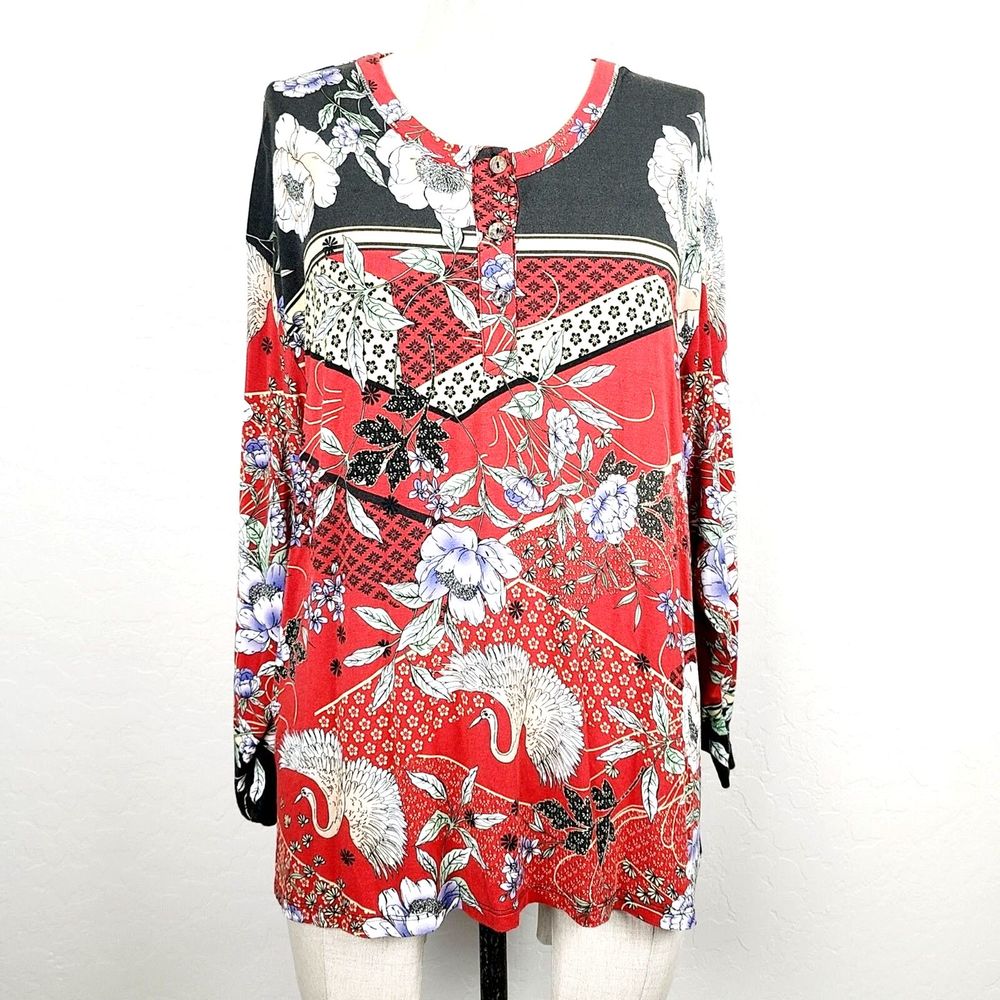 Johnny Was Red Floral & Crane Print Long Sleeve Blouse